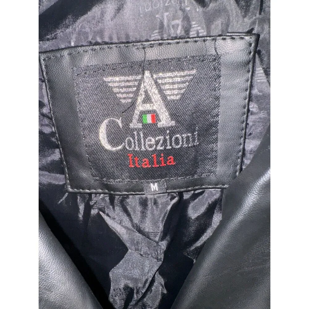 New A Collezioni Black Leather Jacket Button Front‎ Size M Italy